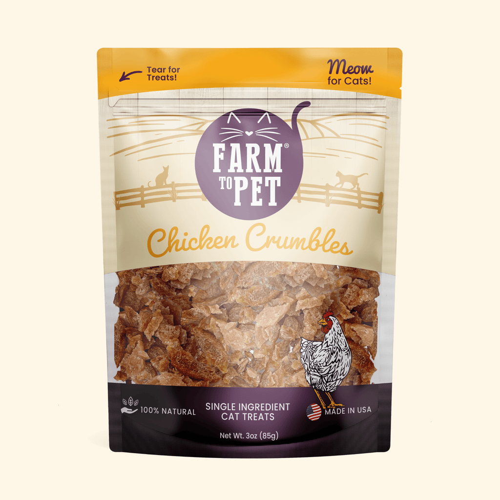 Package of Farm to Pet Chicken Crumbles cat treats on a white background