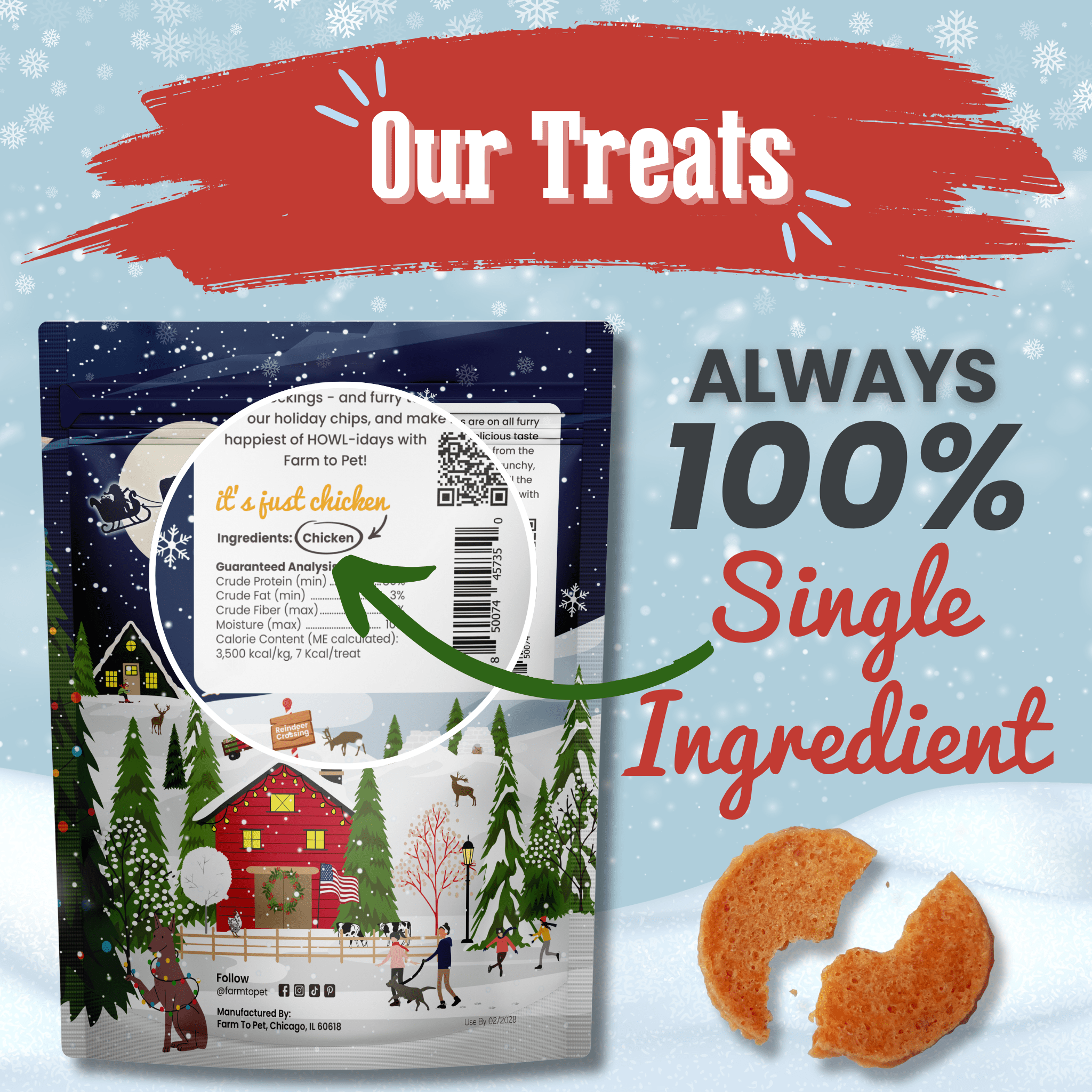 Dog treat package with holiday design, showing '100% Single Ingredient' text on a snowy background.
