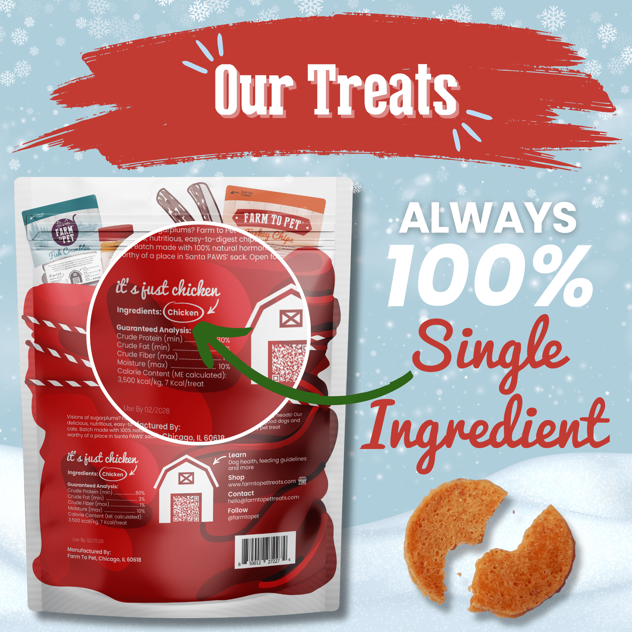Red pet food package with text 'Our Treats Always 100% Single Ingredient' on a snowy background