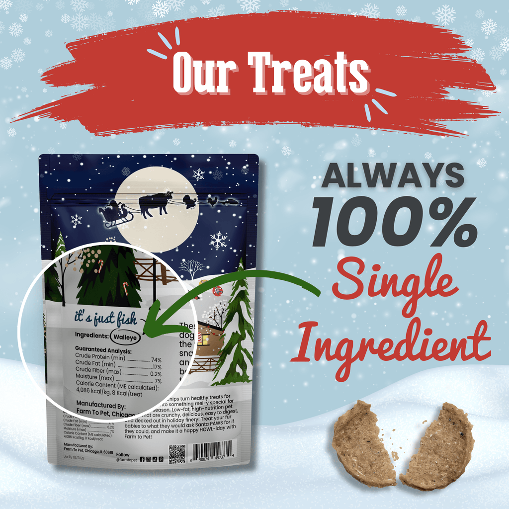Dog treat package with winter scene illustration and text about single-ingredient treats on a snowy background.