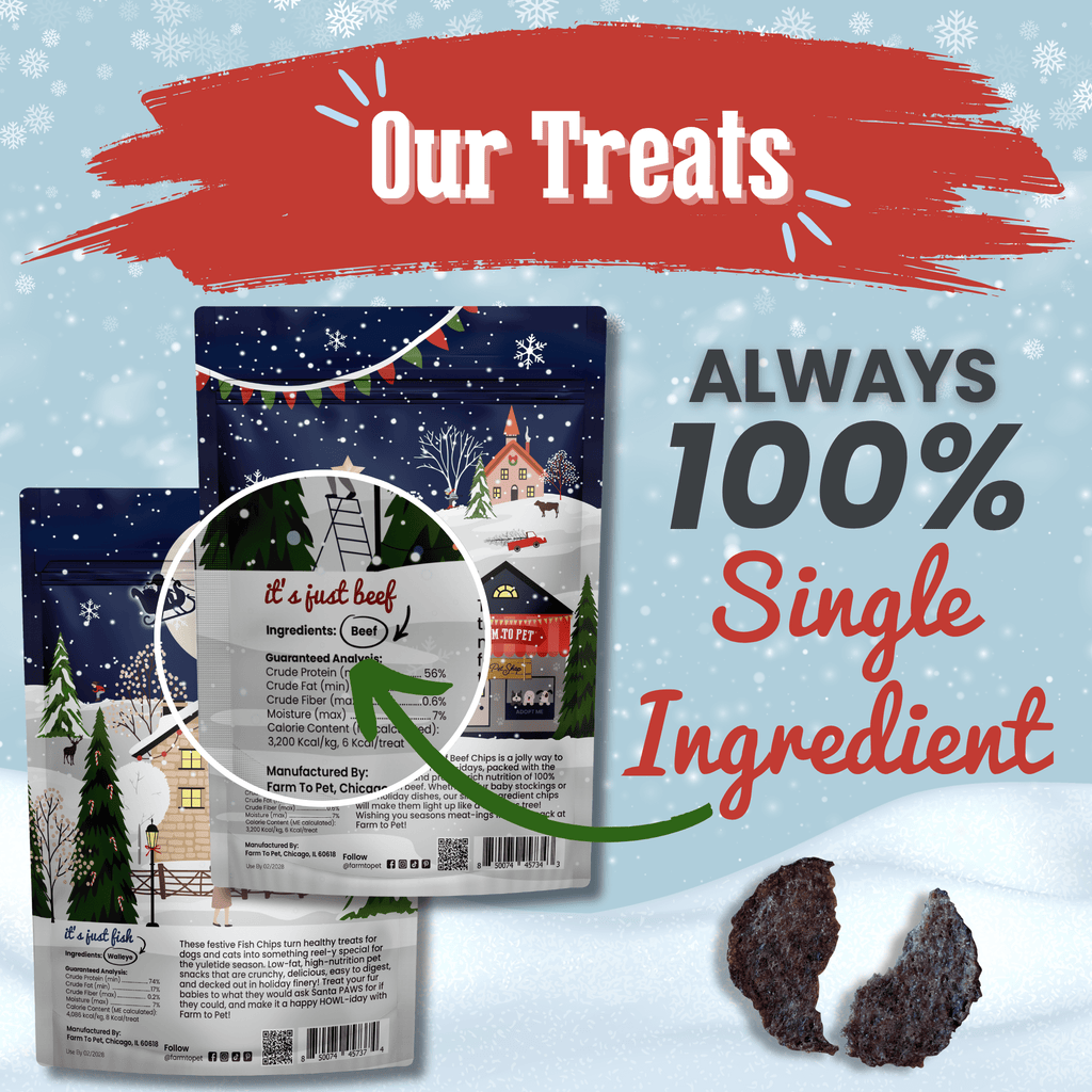 Dog treat packaging with a snowy village design, showing the label and treats on a festive background.