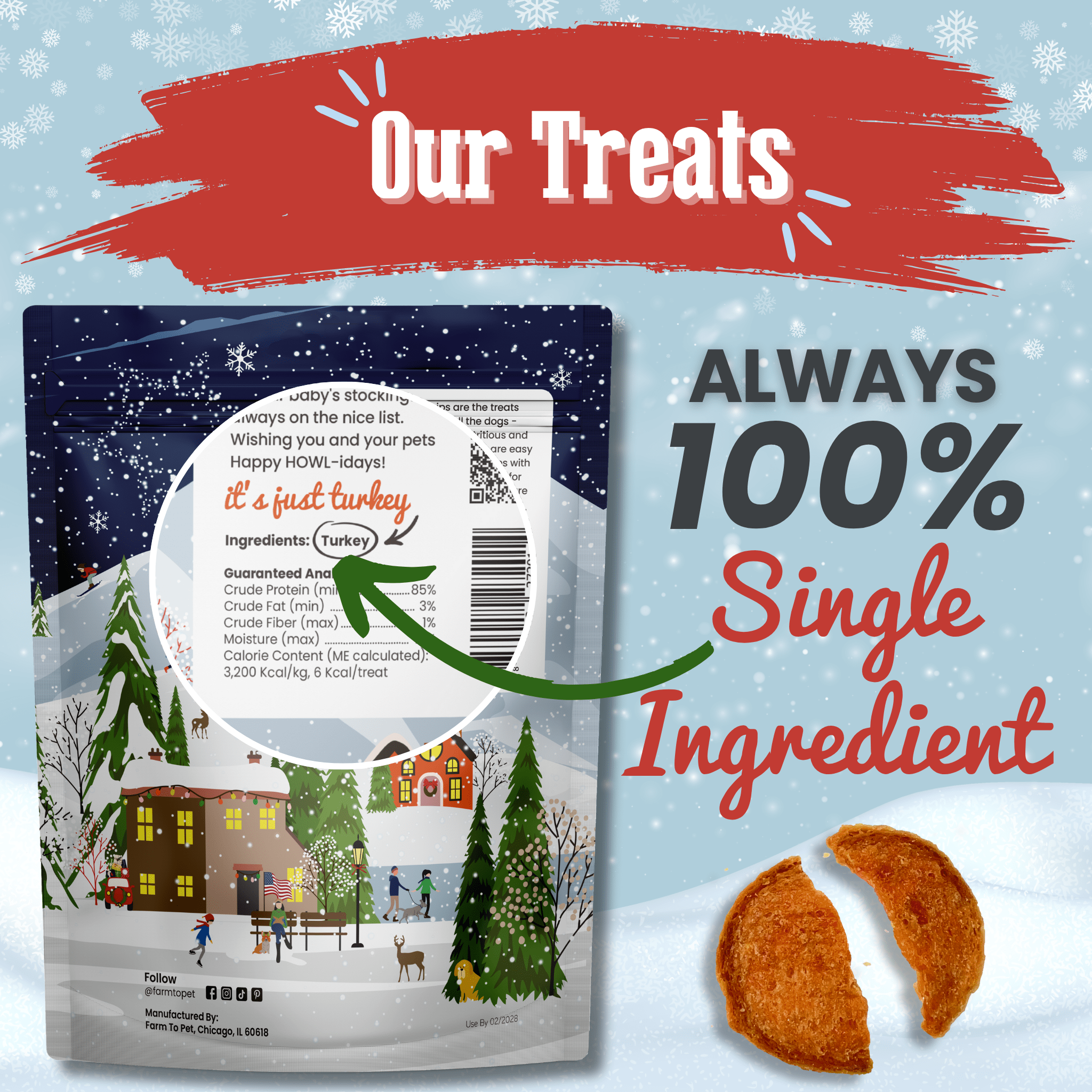 Dog food package with winter scene illustration and text about single-ingredient treats.