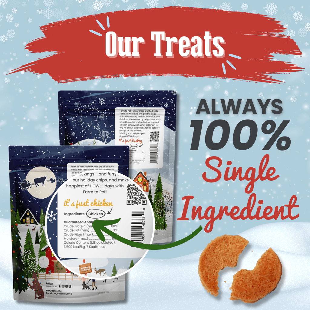 Dog food packaging with a snowy background and text about single-ingredient treats.