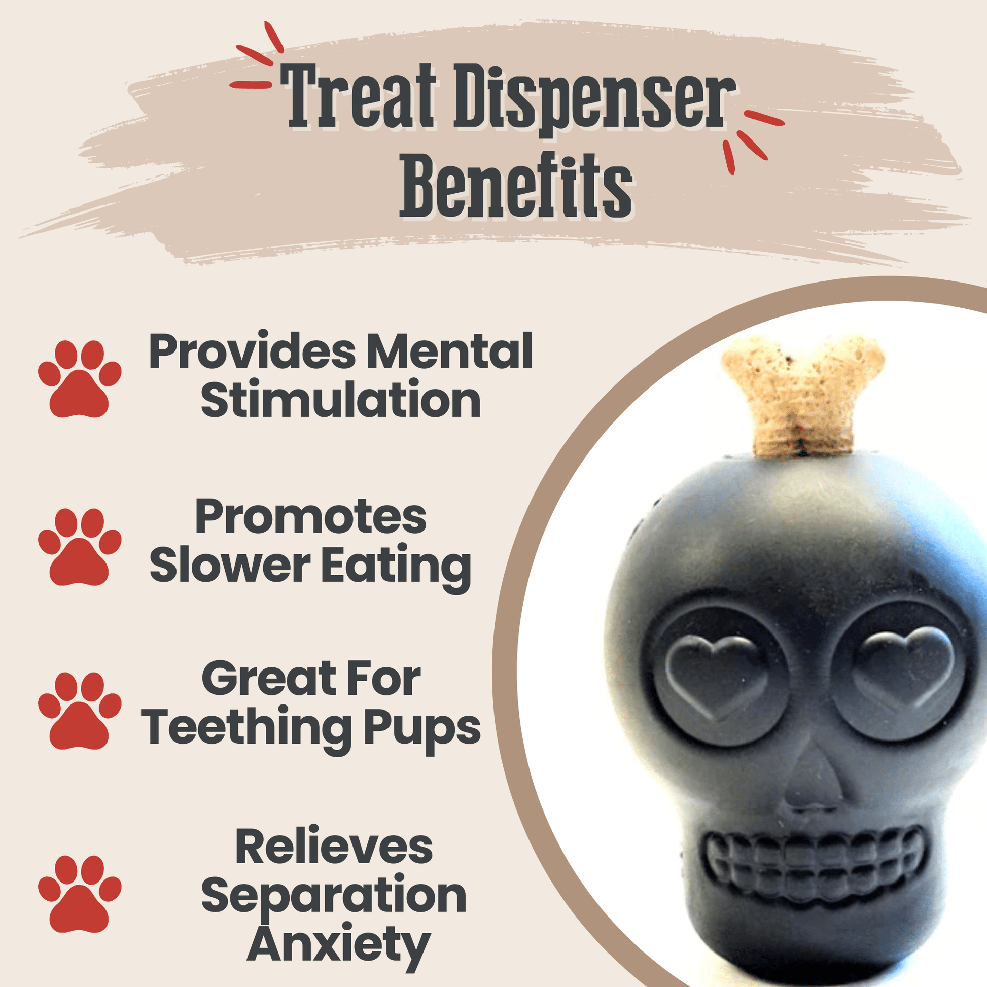 Dog treat dispenser with benefits listed on a beige background