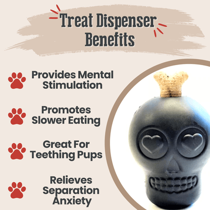 Dog treat dispenser with benefits listed on a beige background
