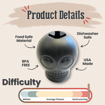 Product details of a black alien-shaped chew toy with features like food safe material, dishwasher safe, and USA made on a beige background.