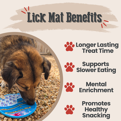 Dog using a lick mat with text listing benefits on a beige background