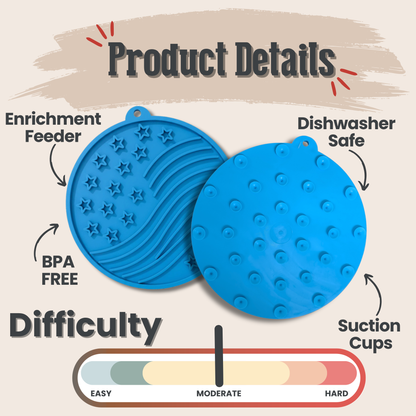 Two blue silicone mats with text detailing features on a beige background