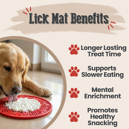 Dog using a red lick mat with text listing benefits on a beige background