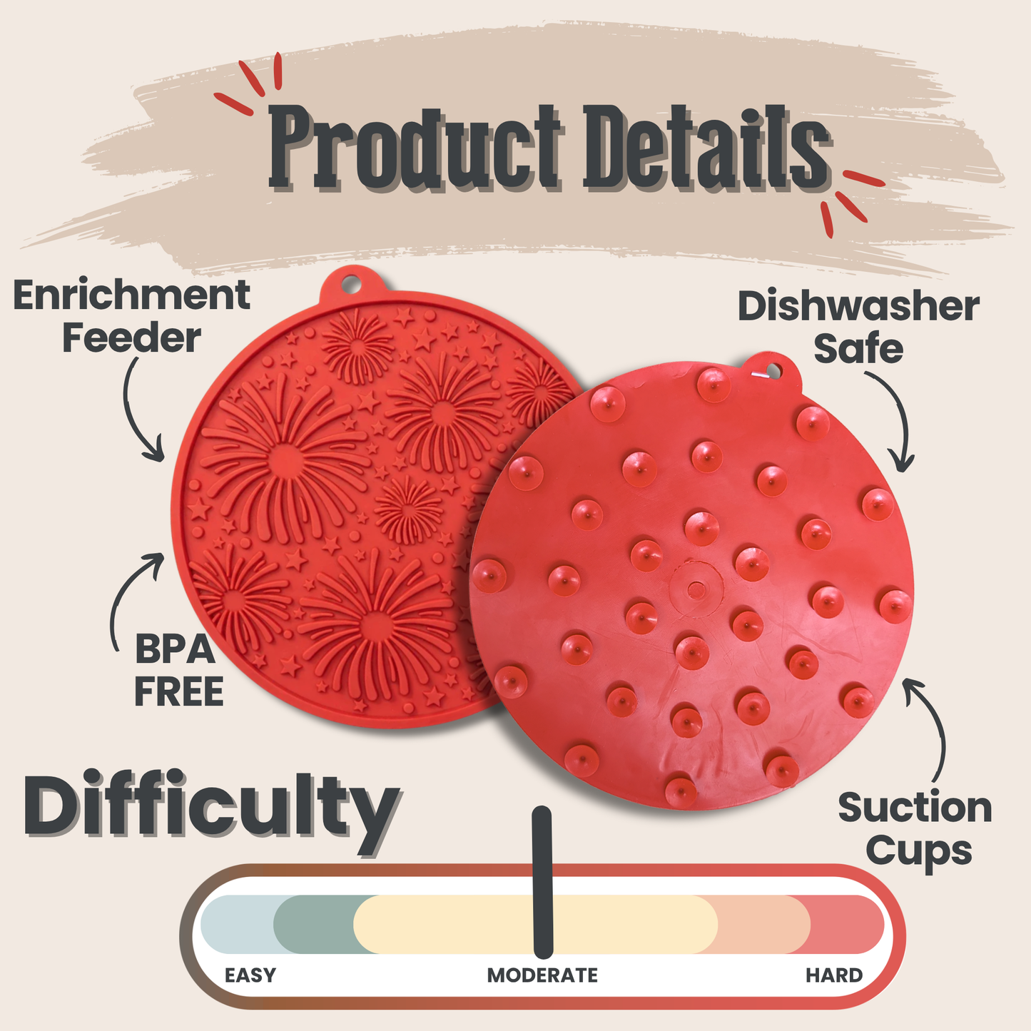 Red silicone mats with text detailing features on a beige background