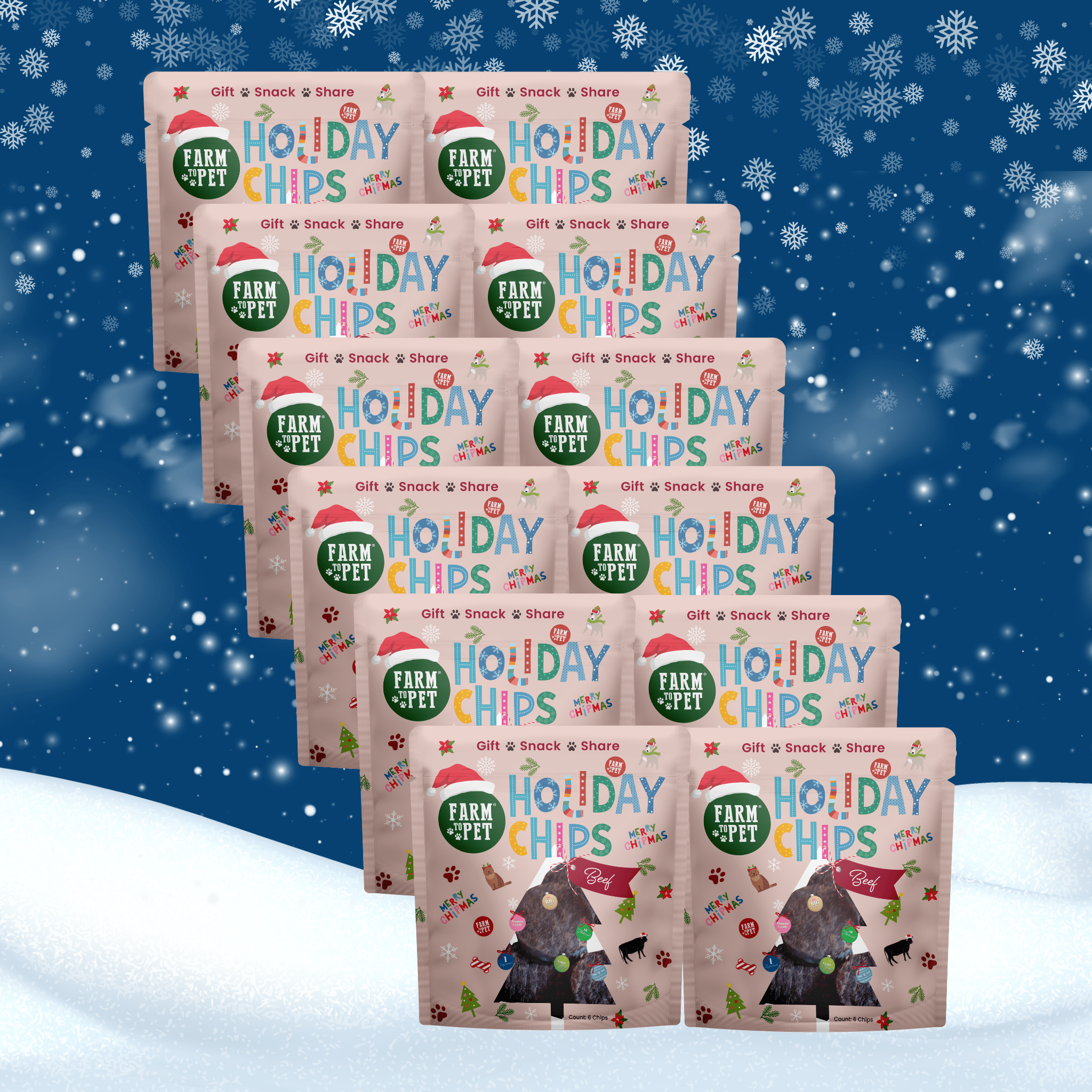 Multiple packages of 'Holiday Chips' with a festive design on a snowy background