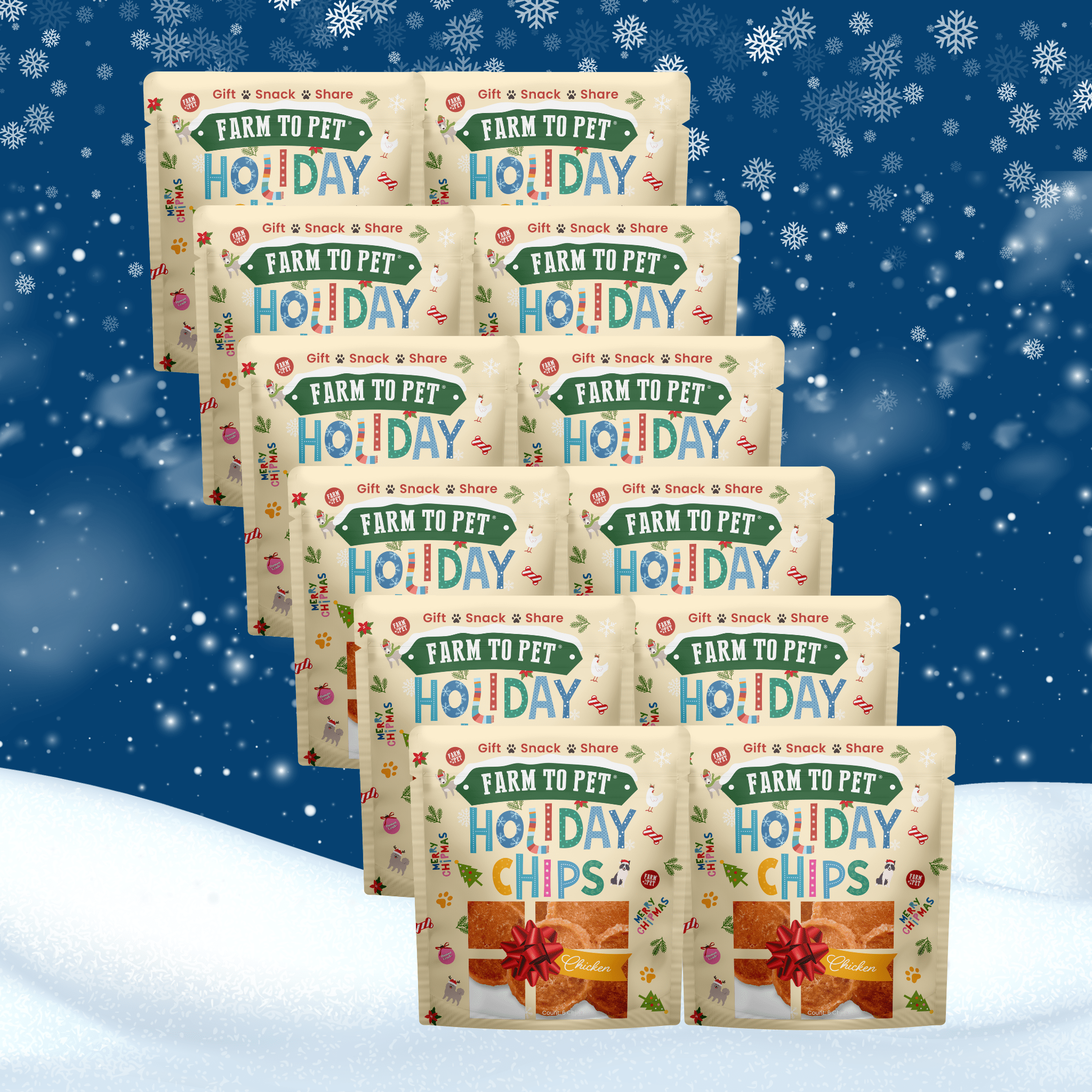 Multiple packages of 'Farm to Pet Holiday' chips on a snowy background
