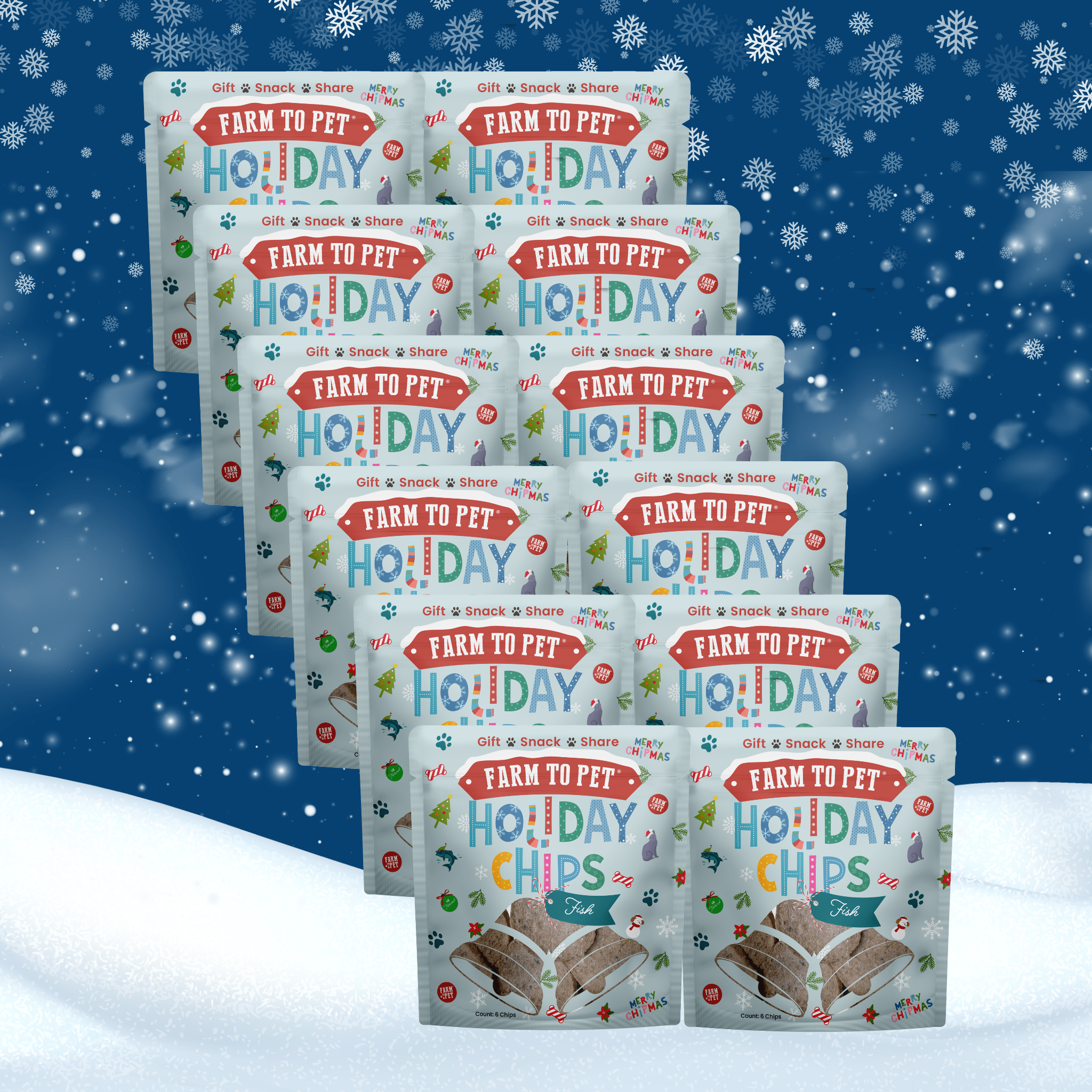 Multiple packages of 'Farm to Pet Holiday Chips' on a snowy background