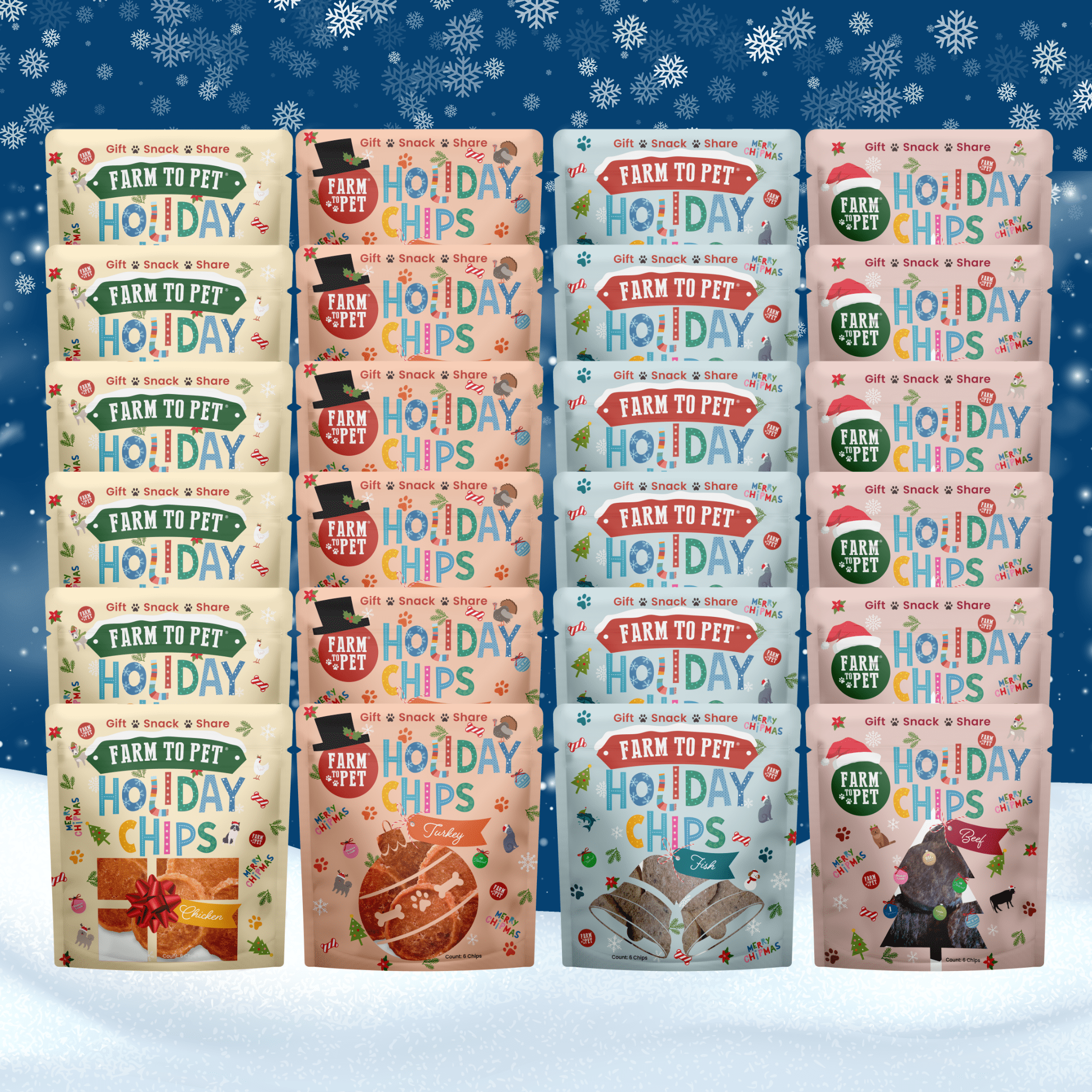 Multiple packages of Farm to Pet Holiday Chips on a snowy background