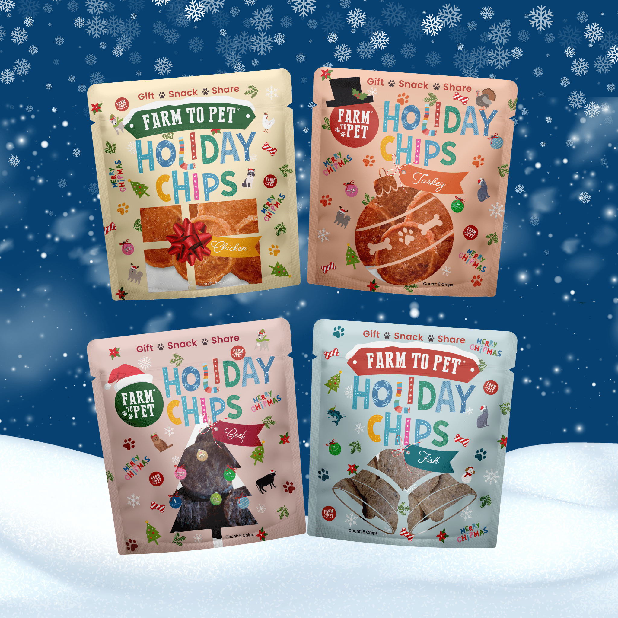 Four packages of 'Farm to Pet Holiday Chips' on a snowy background