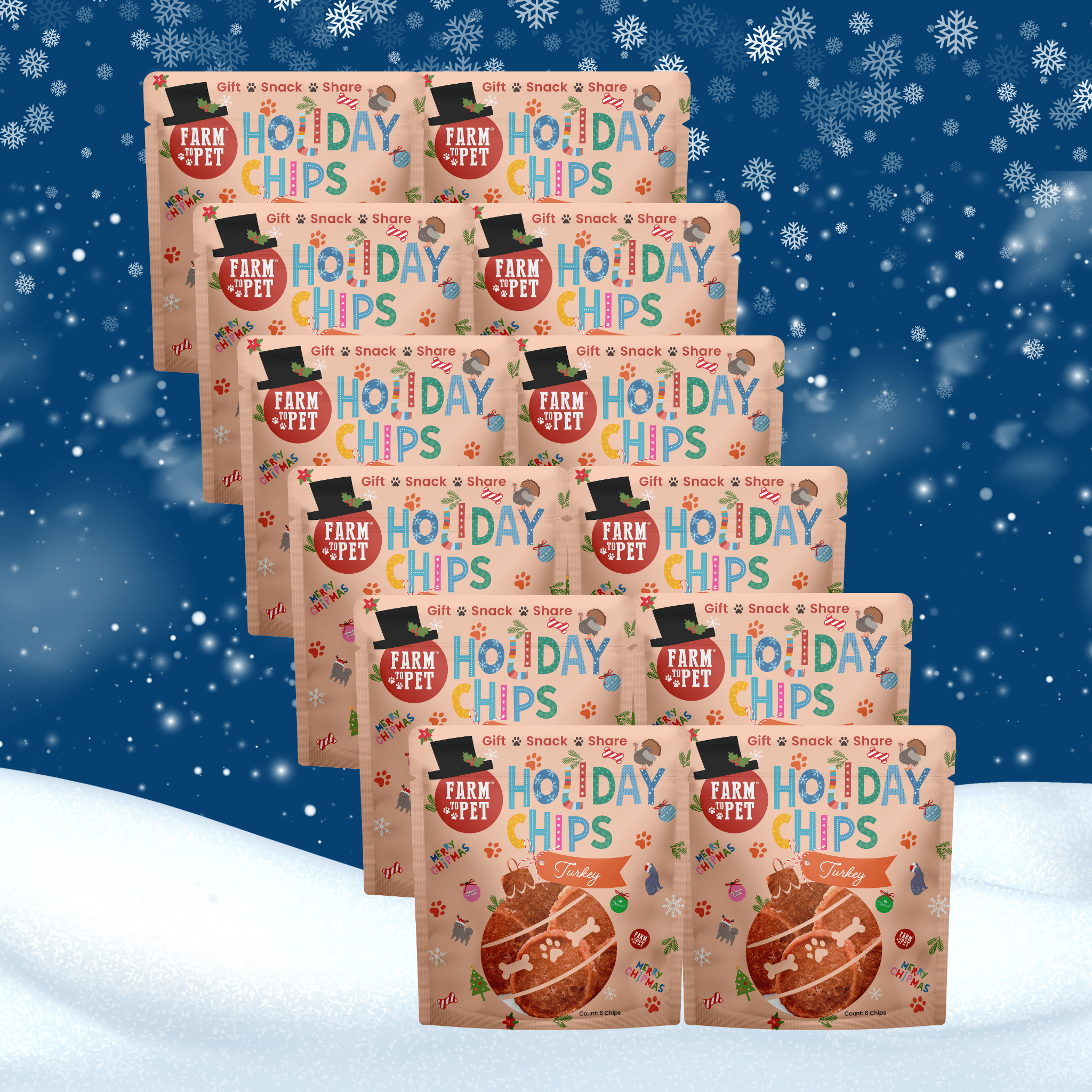 Multiple packages of 'Holiday Chips' with a festive design on a snowy background