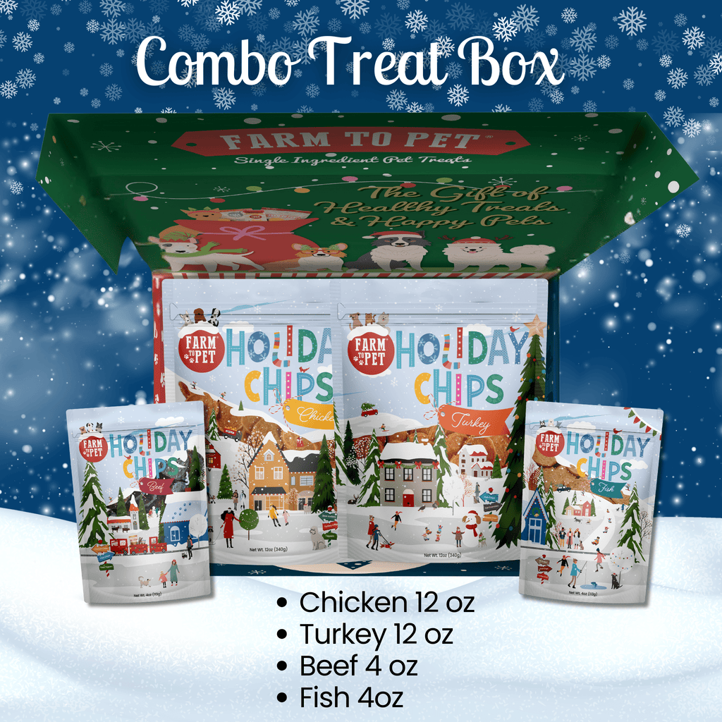 Combo Treat Box with 'Farm to Pet' holiday-themed packaging on a snowy background