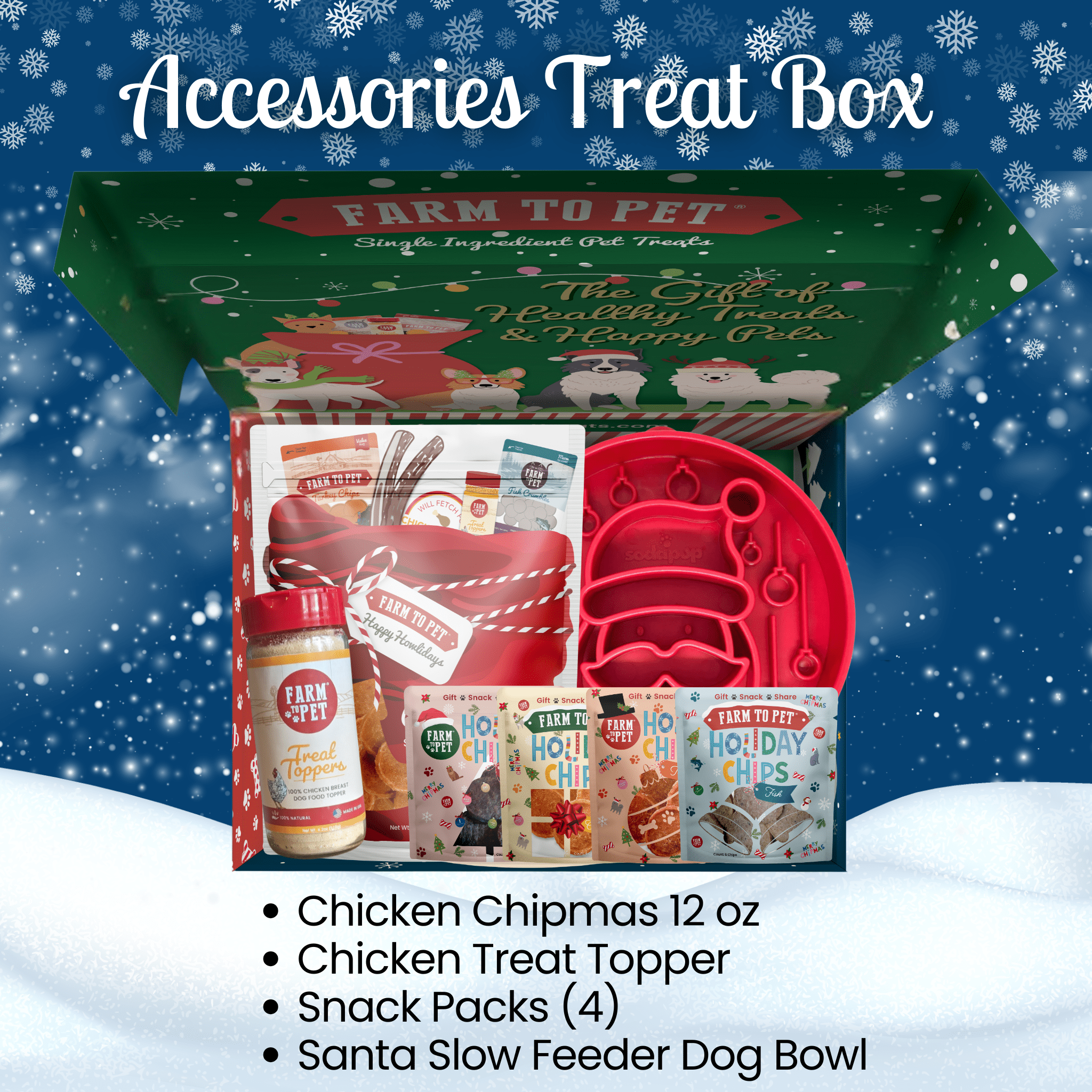 Dog accessories treat box with various items on a snowy background