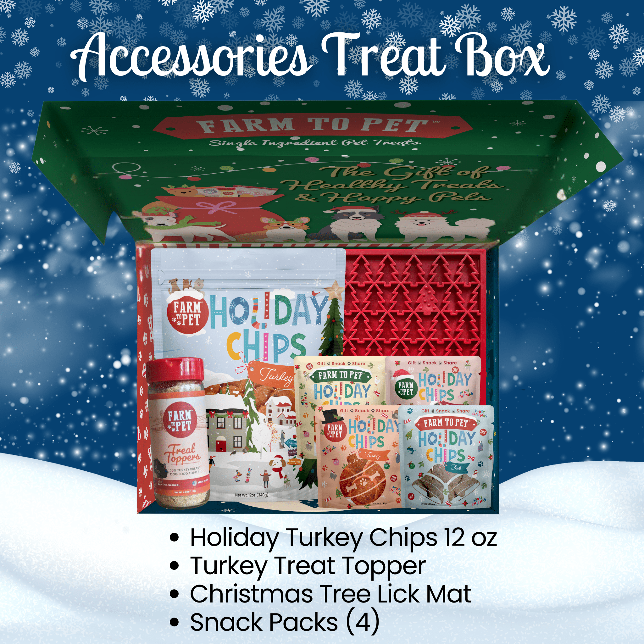 Farm to Pet Accessories Treat Box with holiday-themed products on a snowy background