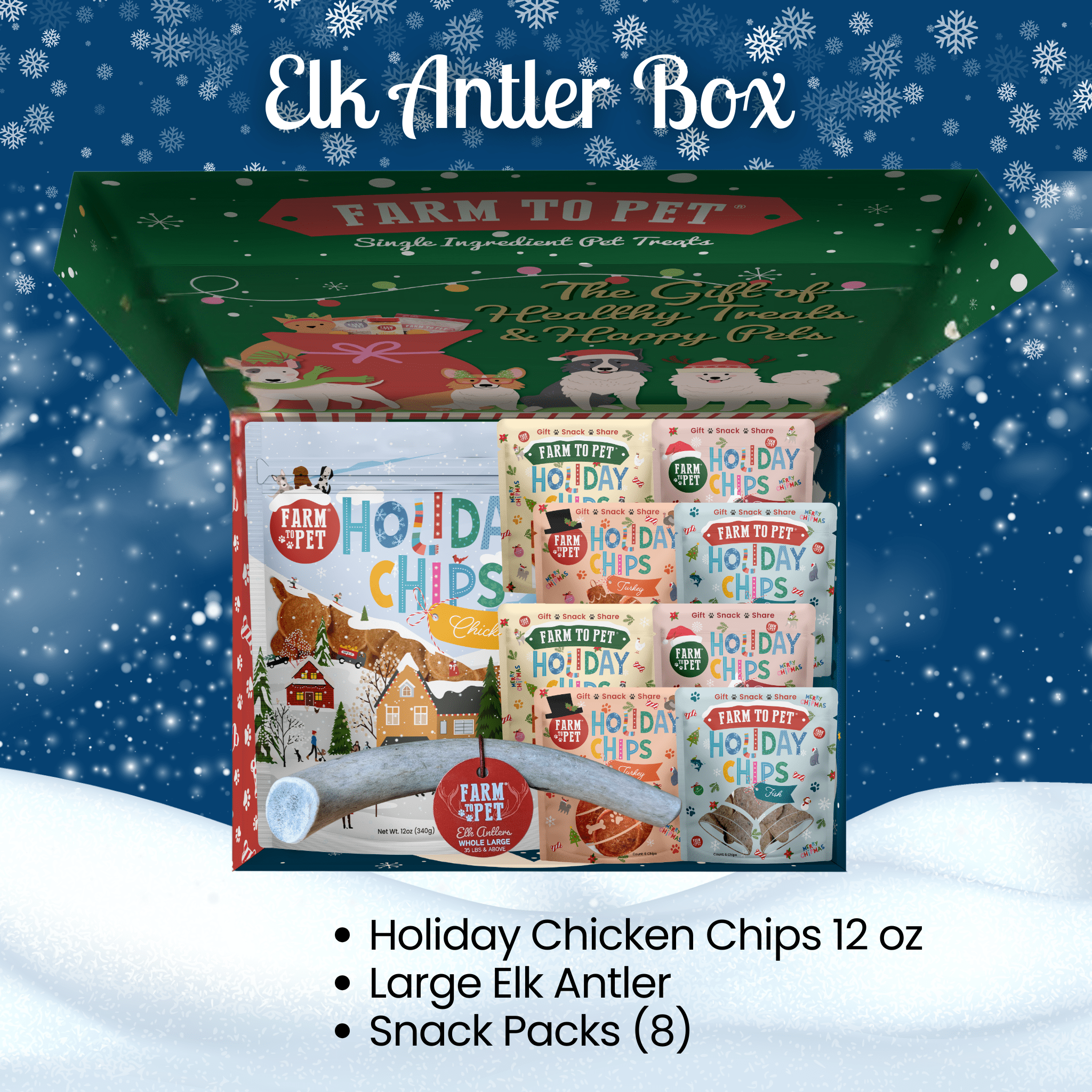 Elk Antler Box with holiday-themed pet treats on a snowy background
