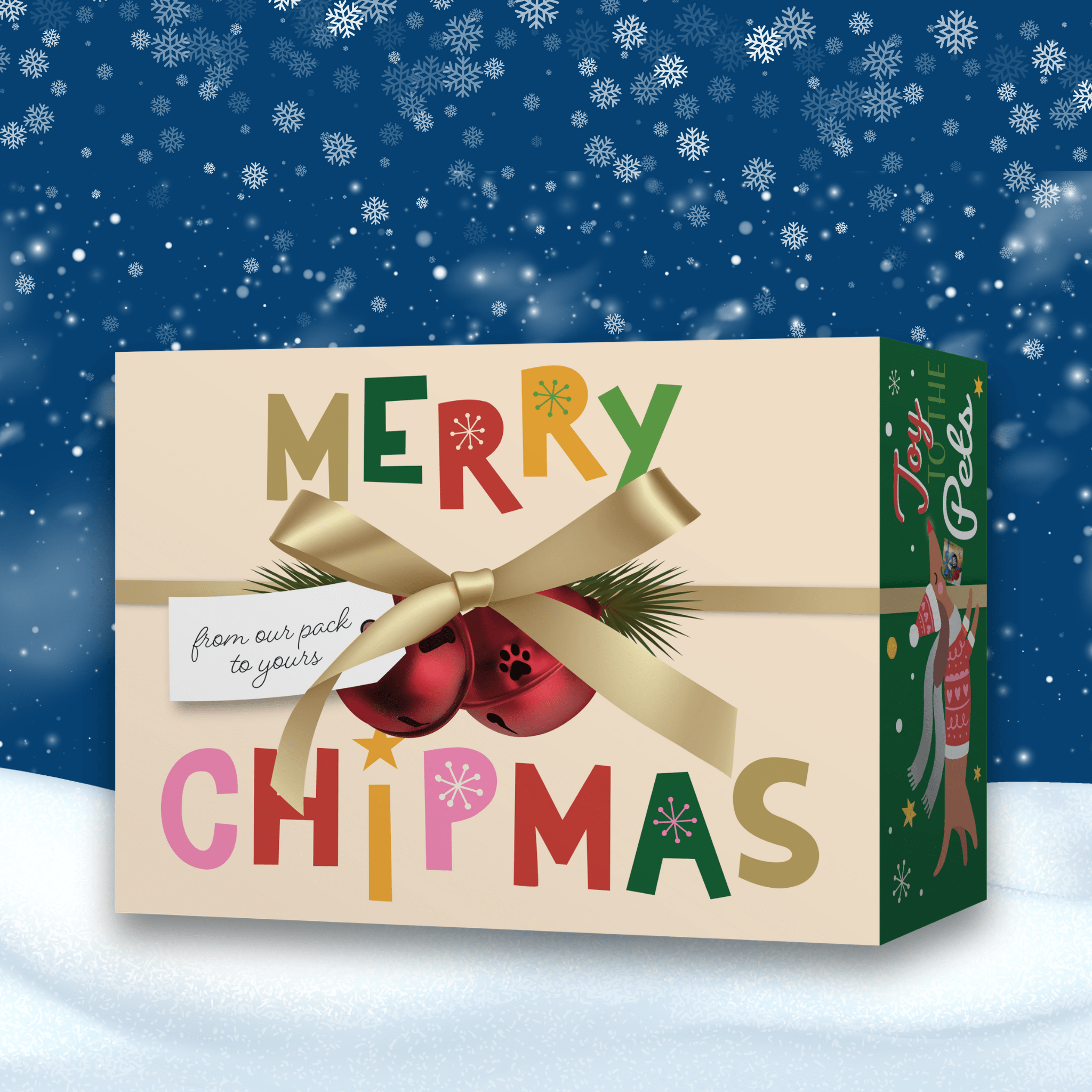 Gift box with 'Merry Chipmas' text and festive design against a snowy background