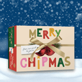 Christmas-themed gift box with colorful text and a bow against a snowy background
