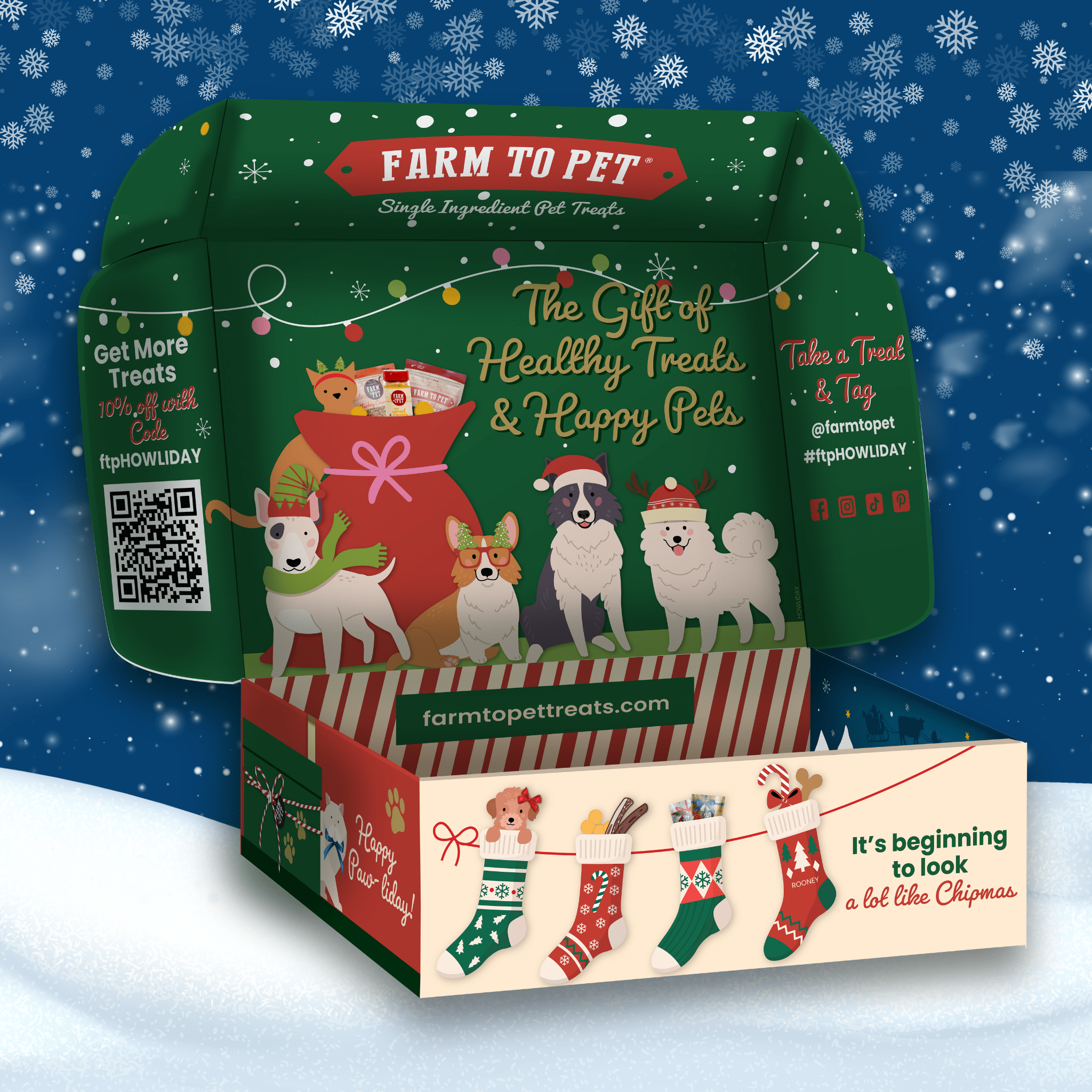 Christmas-themed pet treat box with festive designs and branding on a snowy background.