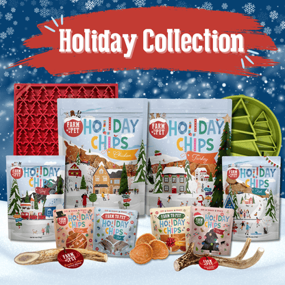 Collection of 'Farm to Pet' Holiday Chips packaging with festive design on a snowy background.