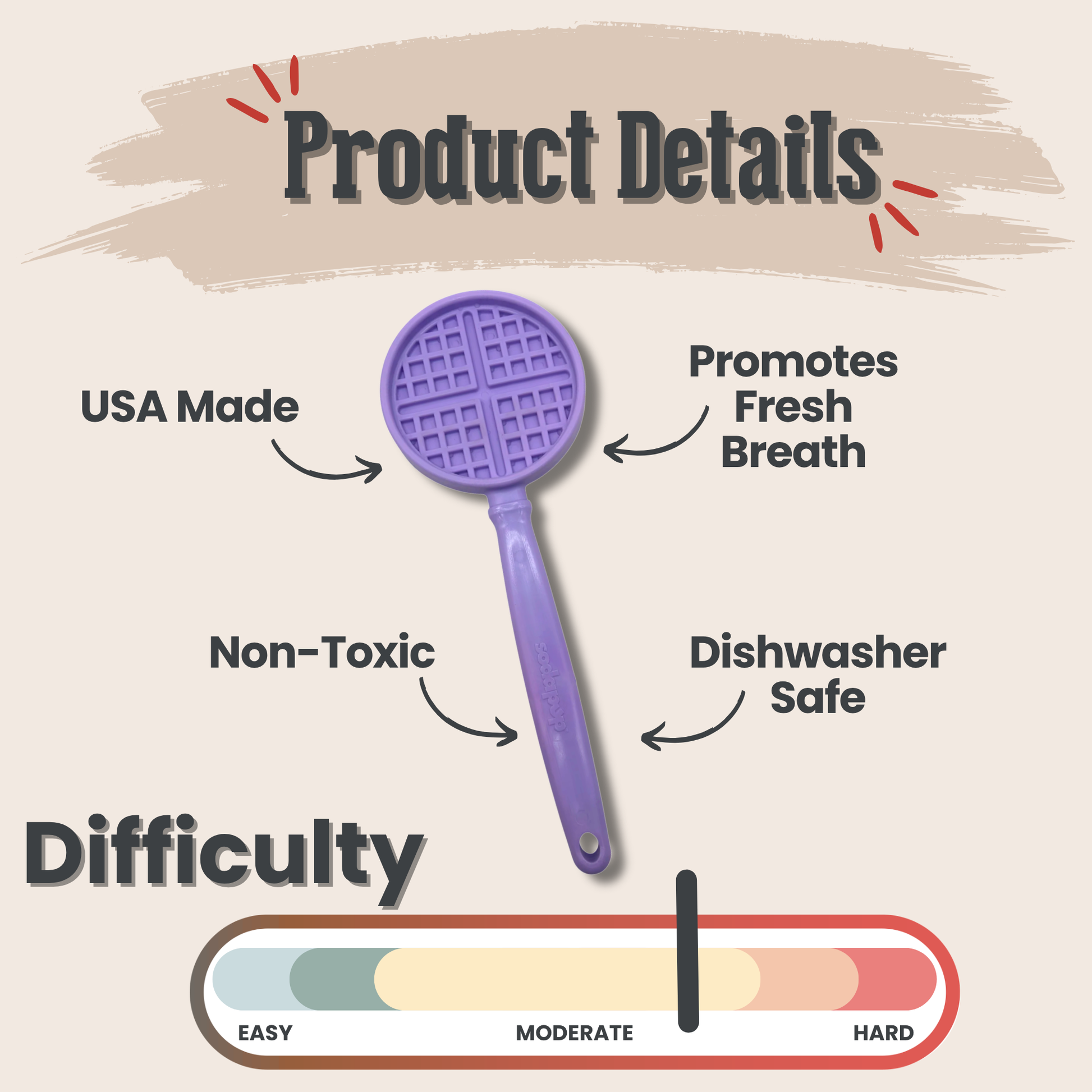 Purple dental tool with product details on a beige background