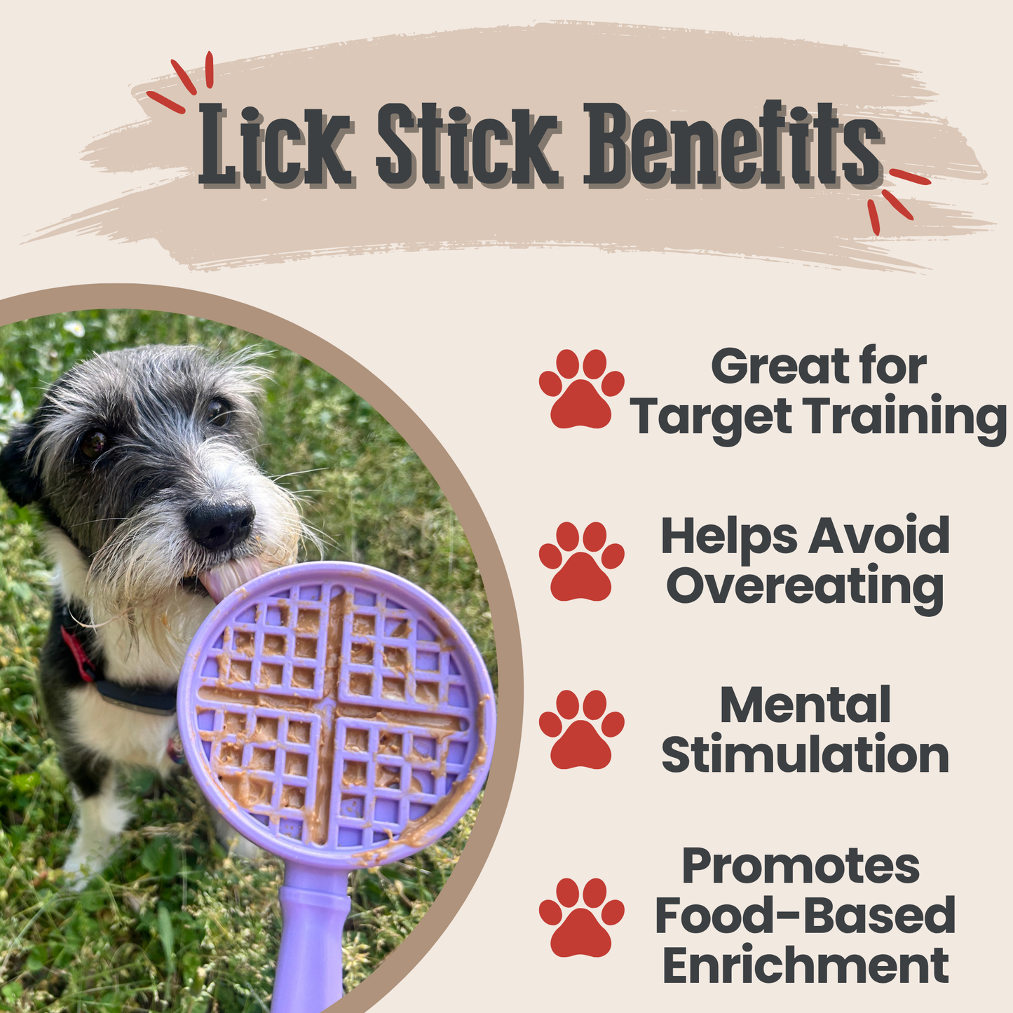Promotional graphic for a dog lick stick toy, featuring a small dog outdoors holding the purple waffle-patterned lick stick. The right side lists benefits with red paw icons: Great for Target Training, Helps Avoid Overeating, Mental Stimulation, and Promotes Food-Based Enrichment.