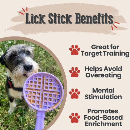 Promotional graphic for a dog lick stick toy, featuring a small dog outdoors holding the purple waffle-patterned lick stick. The right side lists benefits with red paw icons: Great for Target Training, Helps Avoid Overeating, Mental Stimulation, and Promotes Food-Based Enrichment.