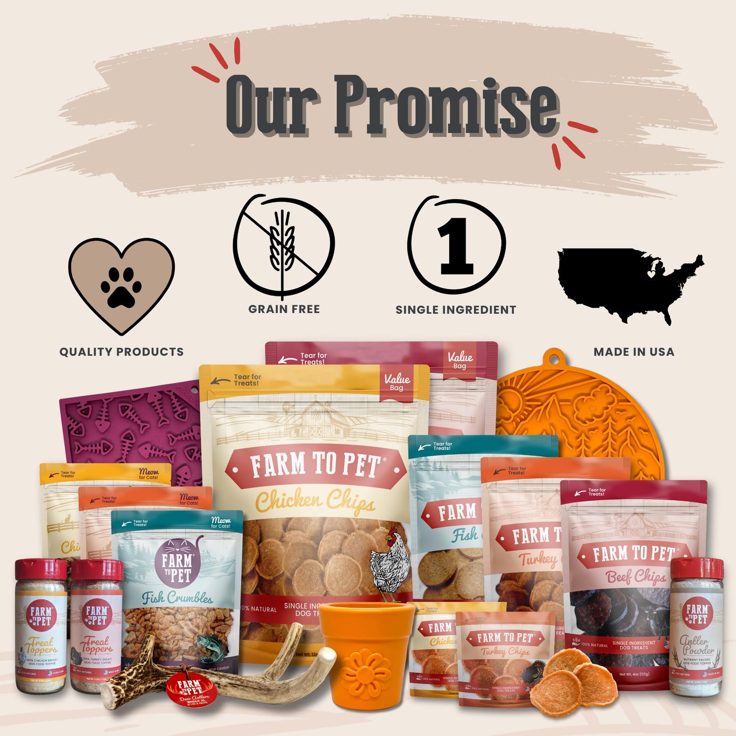 Assorted pet food products with 'Farm to Pet' branding on a light background.