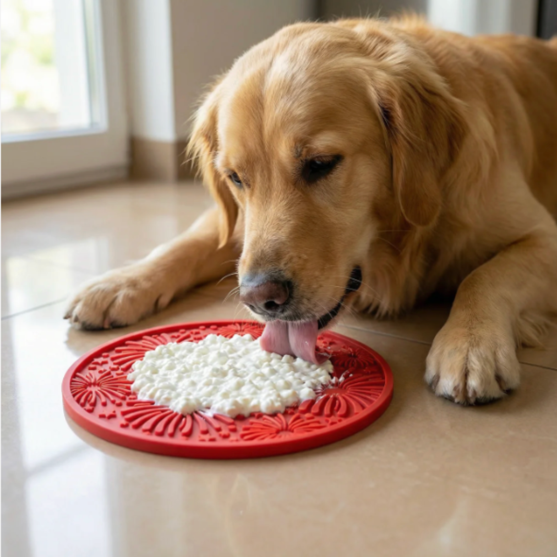 Dog interacting with a red mat containing white beads on a tiled floor.