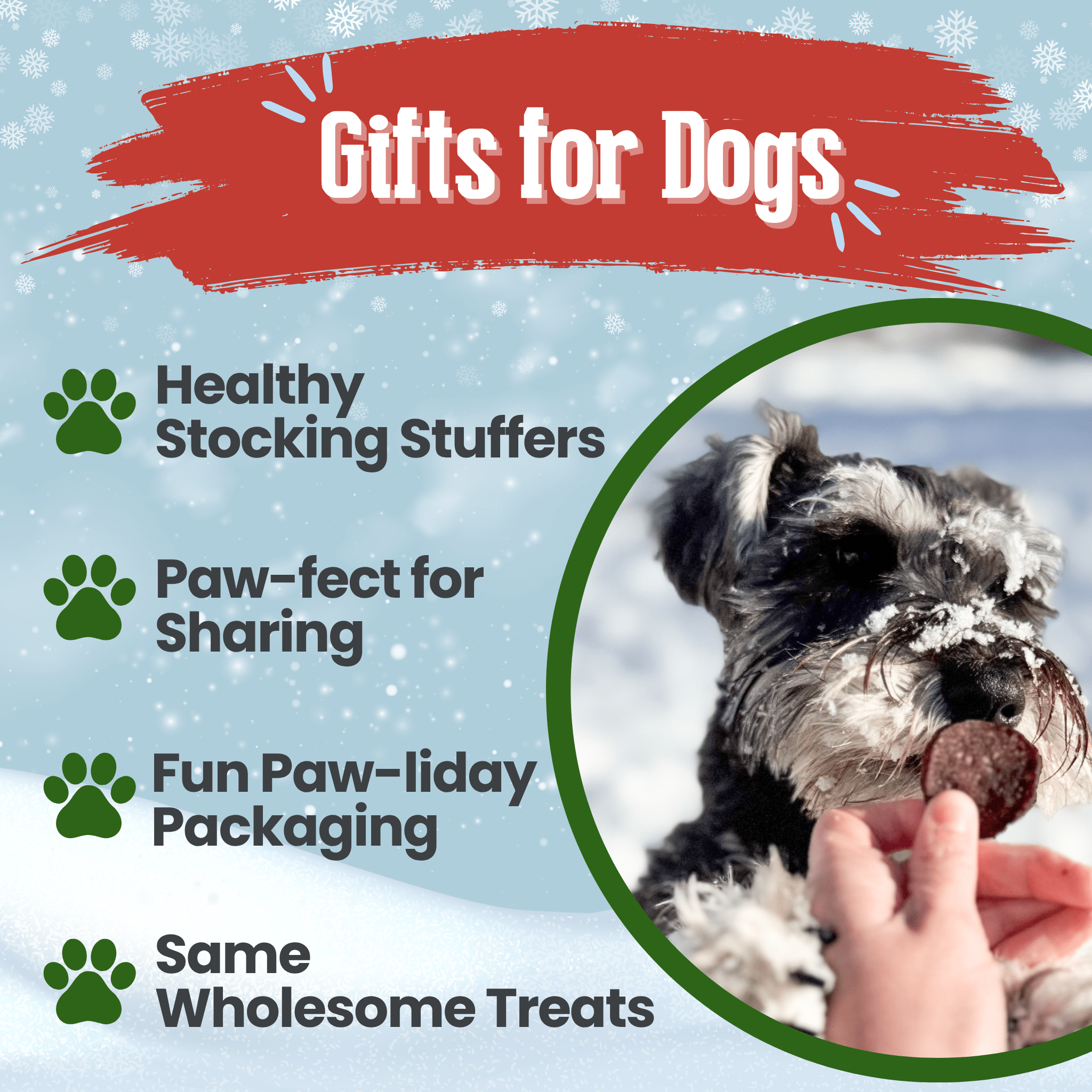 Promotional graphic for dog gifts with a dog eating a treat and text about gift features.