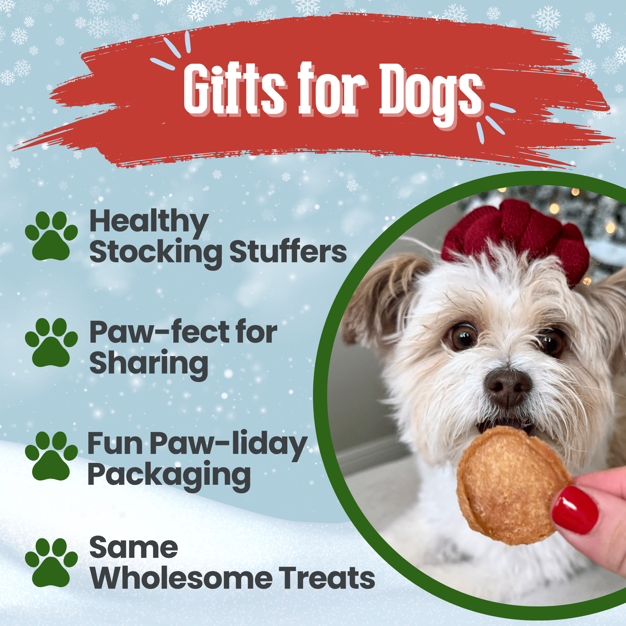 Promotional graphic for dog gifts with a dog holding a treat and text about gift features.