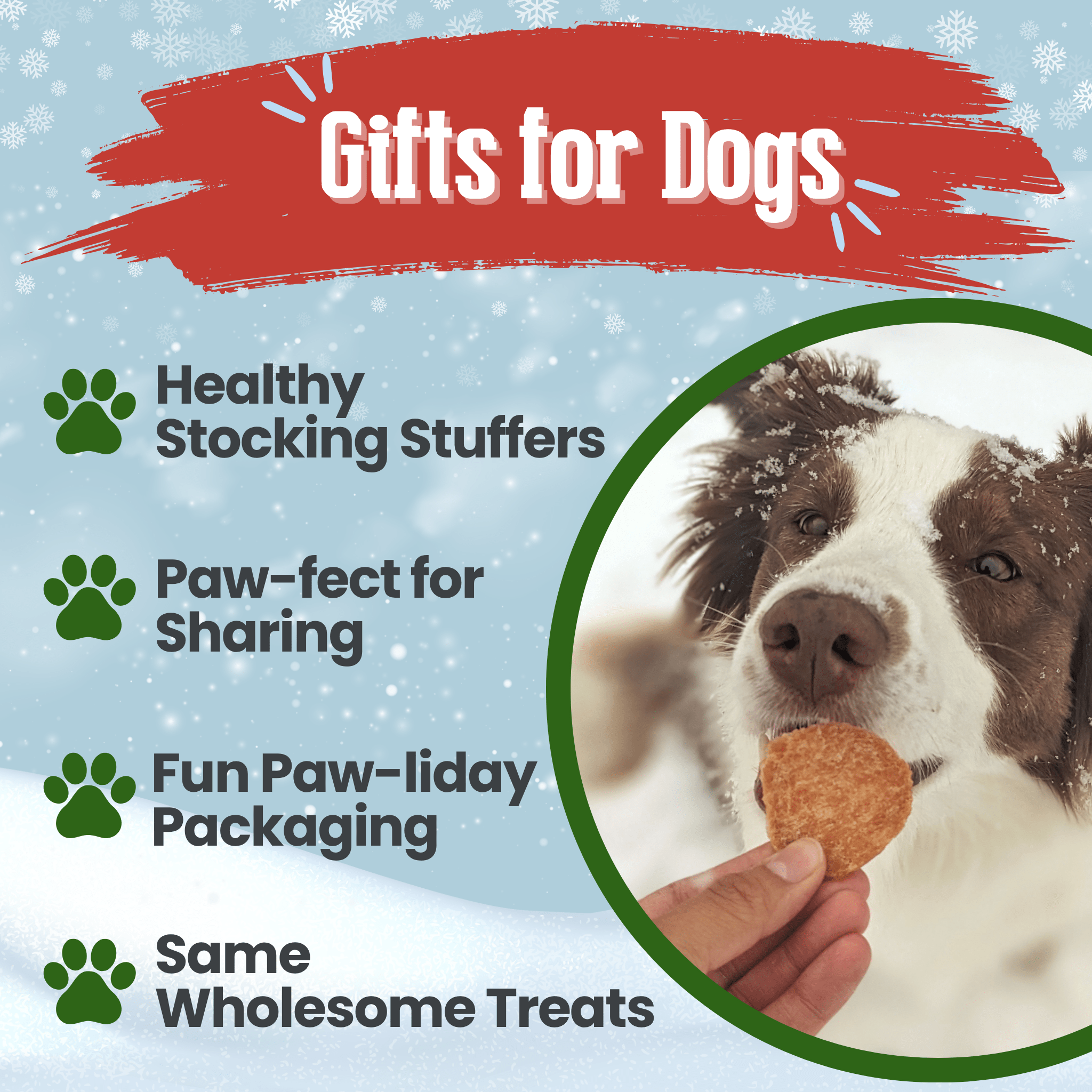 Promotional graphic for dog gifts with a border collie holding a treat, on a blue snowy background.
