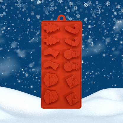 A red silicone mold tray with Christmas-themed cavities, shown against a snowy winter night background with snowflakes.