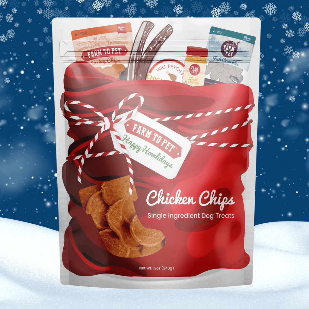 Bag of Farm to Pet Chicken Chips dog treats with a snowy background