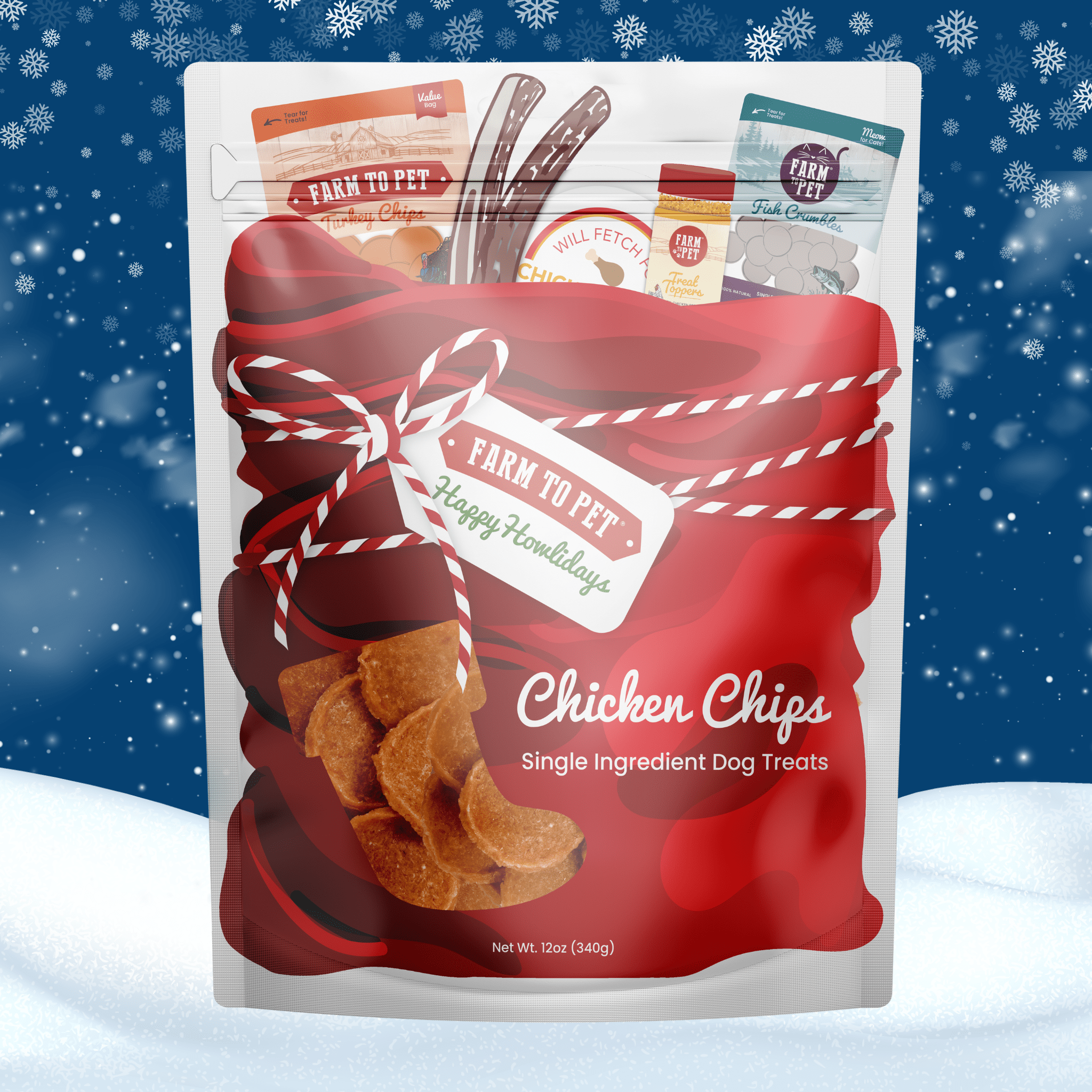 Bag of Farm to Pet Chicken Chips dog treats with a snowy background