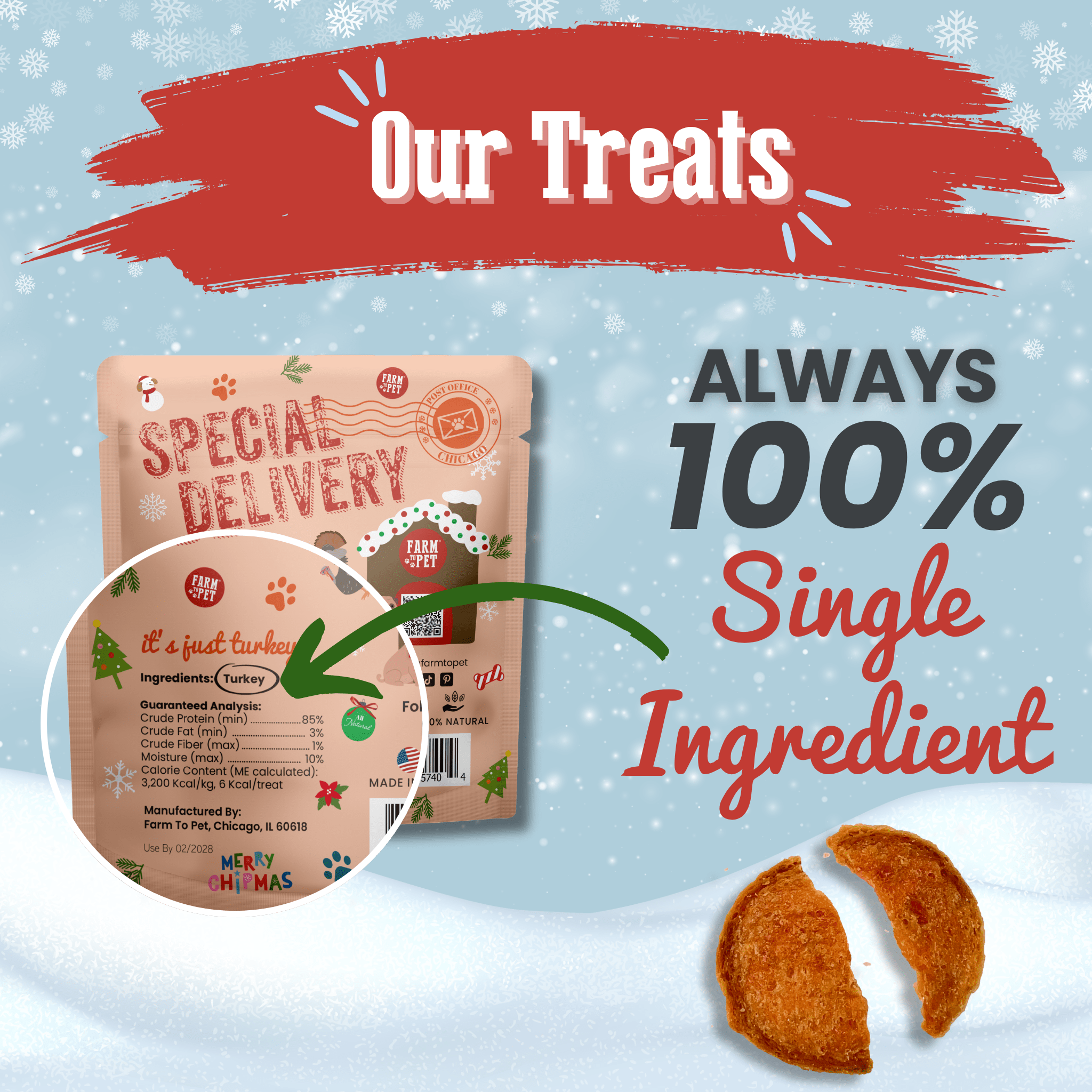 Pet treat package with text 'Our Treats Always 100% Single Ingredient' on a snowy background