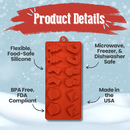 Red silicone mold with Christmas shapes on a blue background with product details text.
