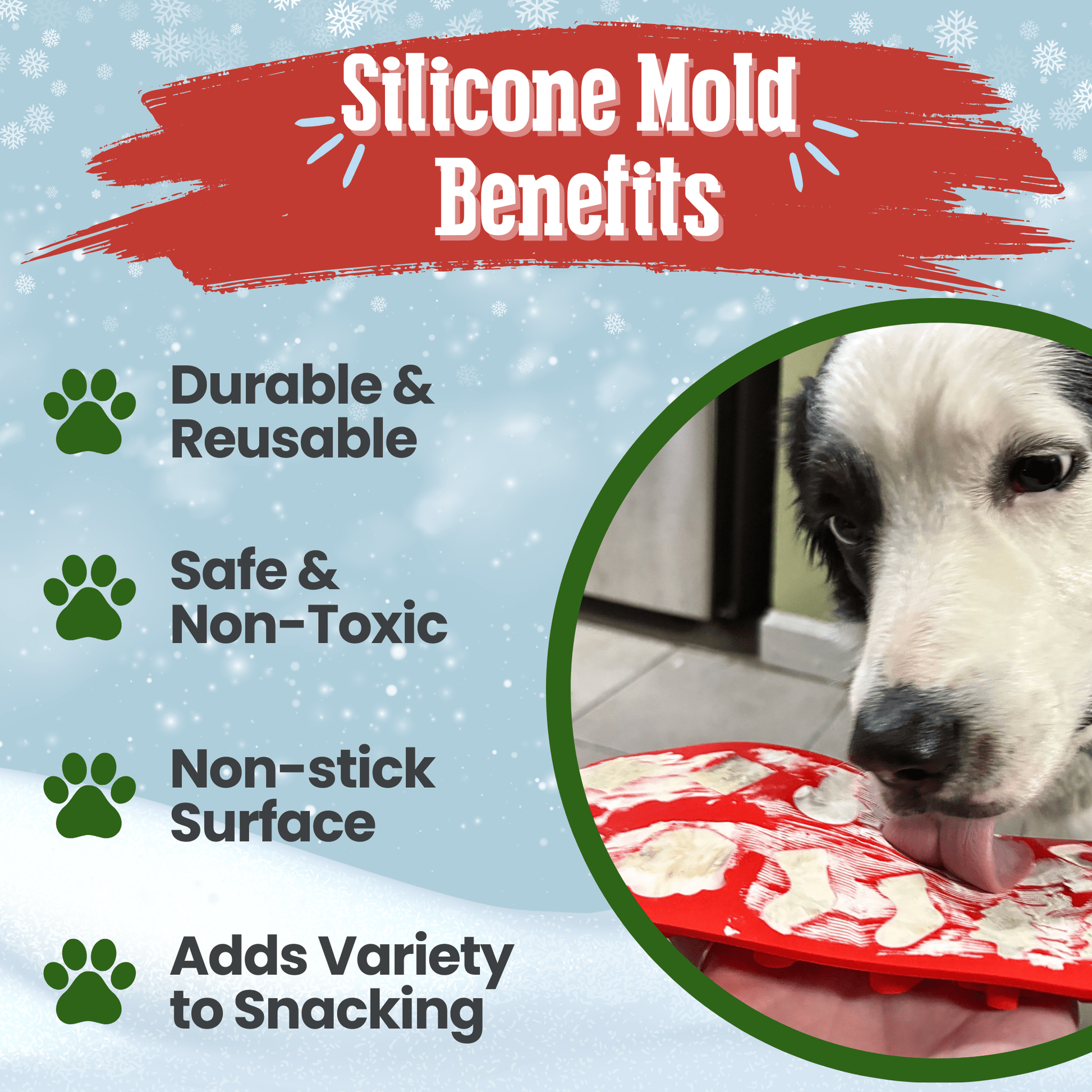 Silicone mold benefits with a dog eating from a red silicone mold on a light blue background.