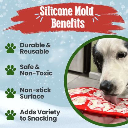 Silicone mold benefits with a dog eating from a red silicone mold on a light blue background.