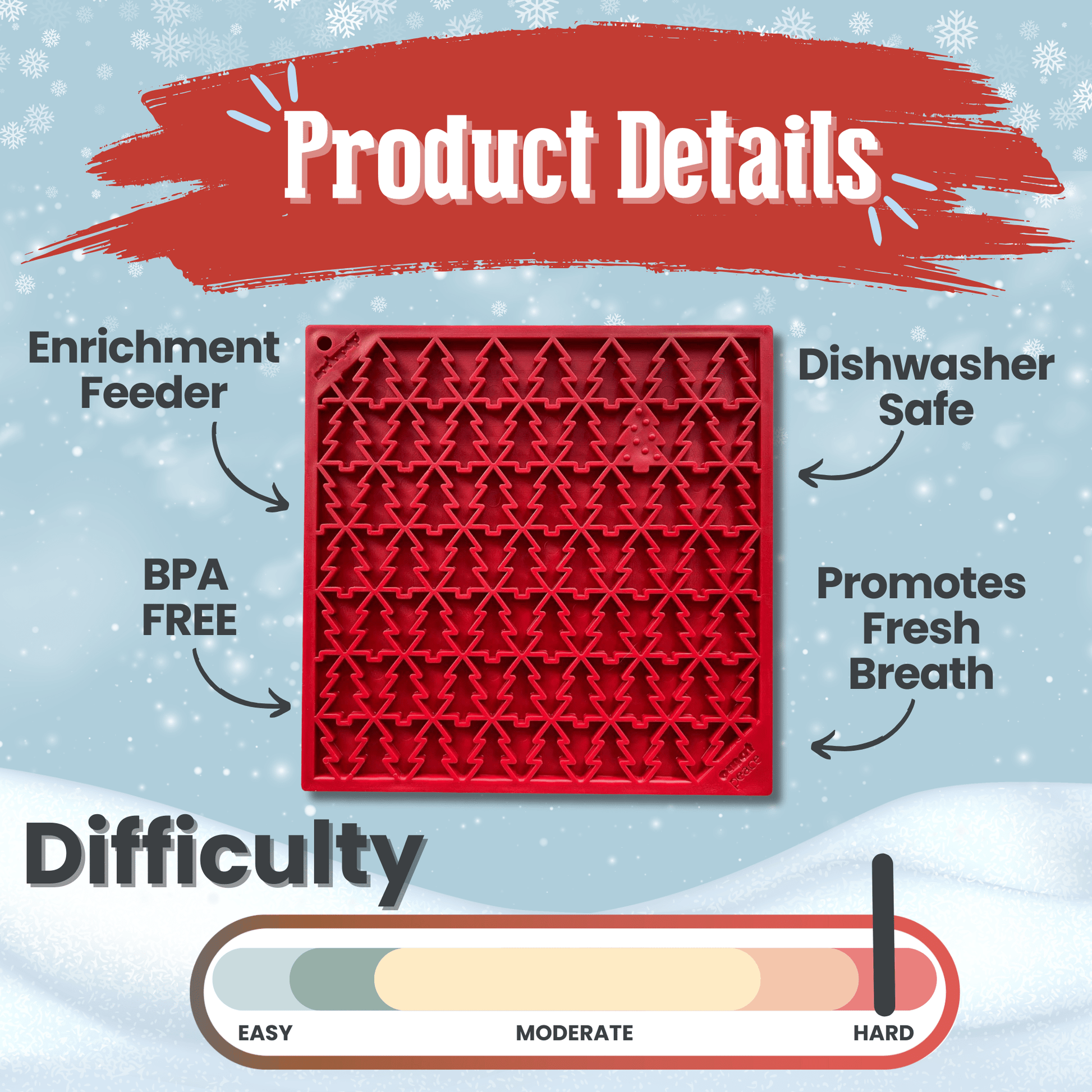 Red enrichment feeder with product details on a blue background