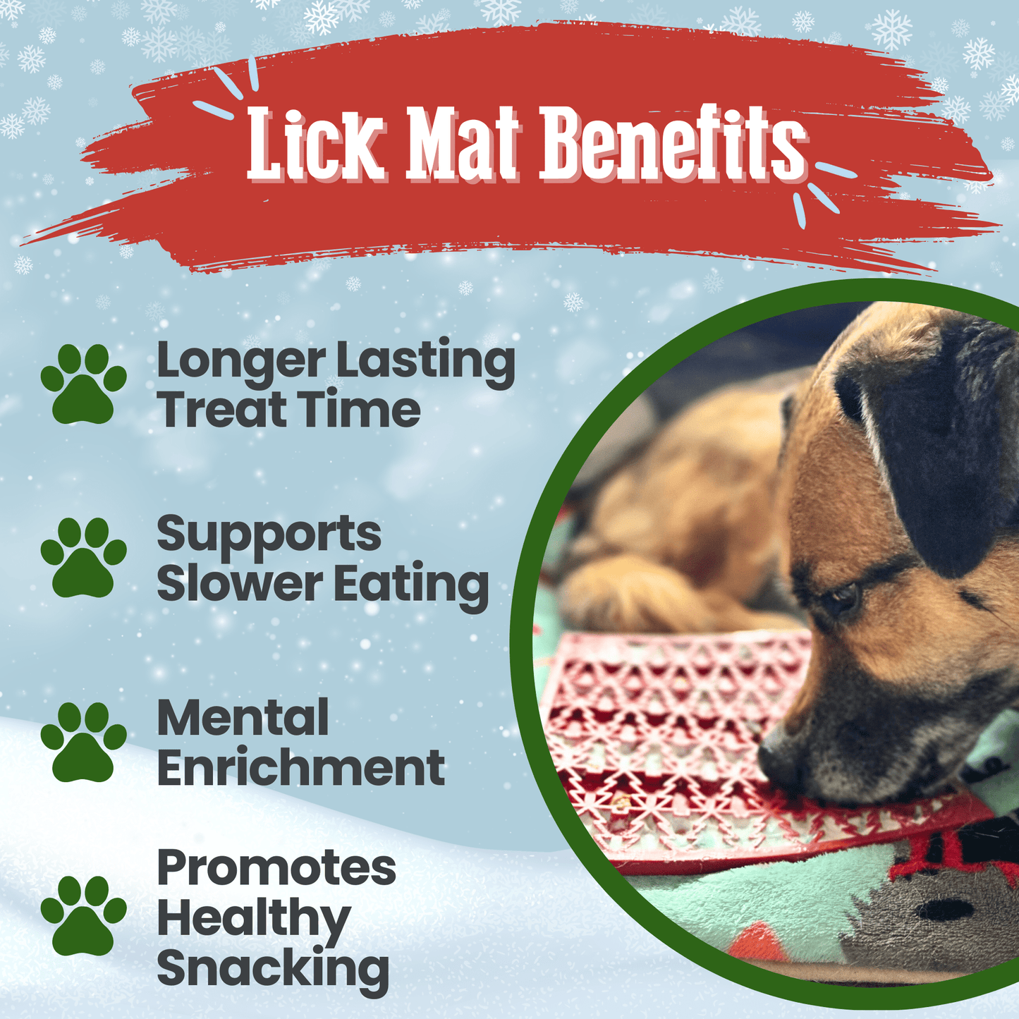 Lick mat benefits with a dog using a lick mat on a blue background
