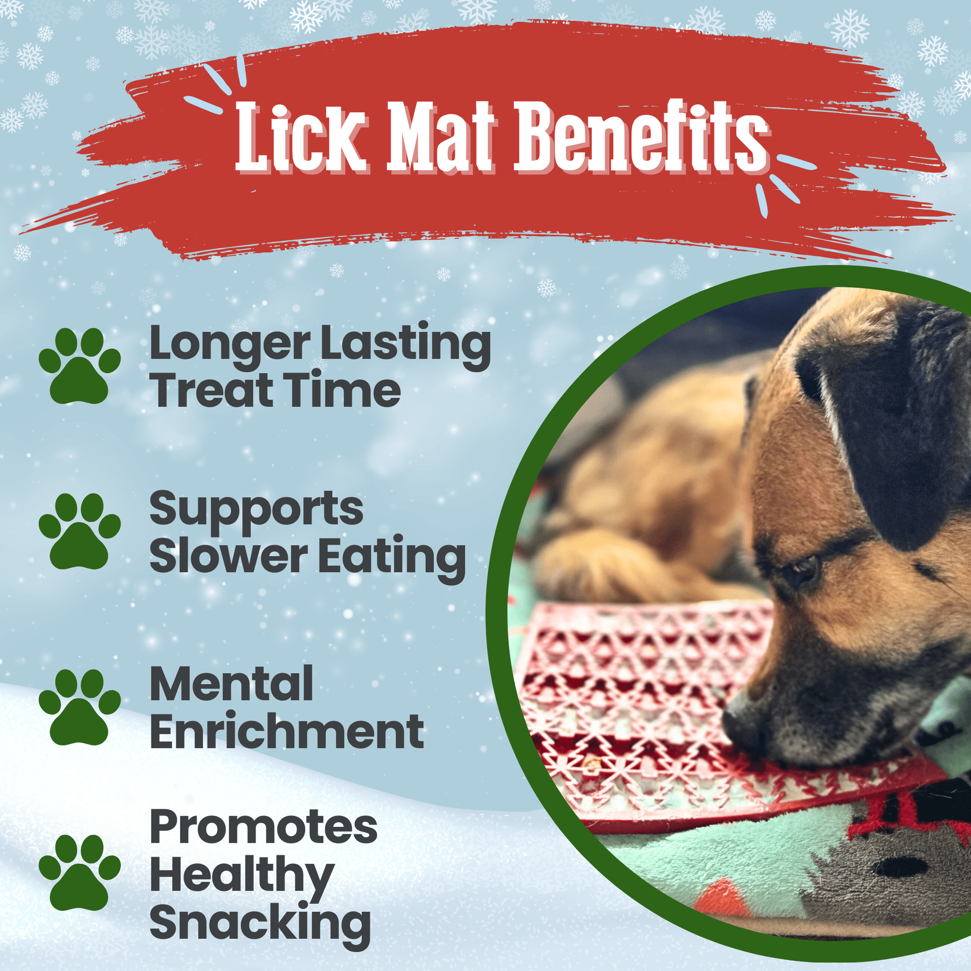 Lick mat benefits with a dog using a lick mat on a blue background