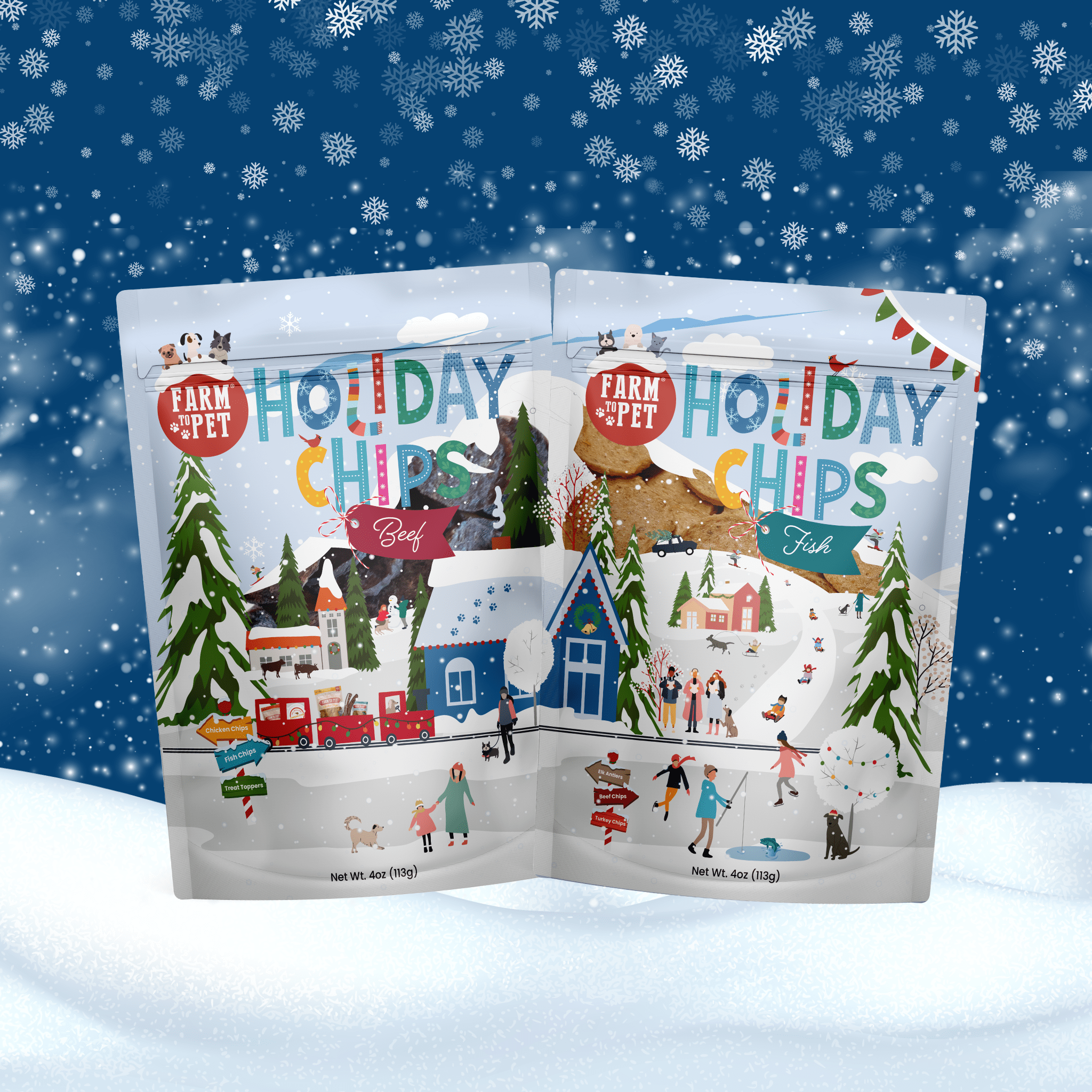 Two packages of 'Farm Pet' Holiday Chips on a snowy background with falling snow.