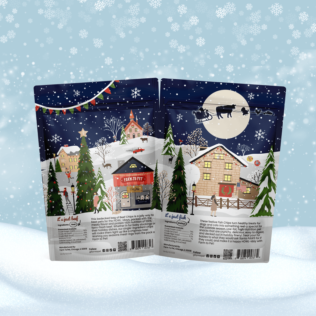 Two Christmas-themed snack bags open to reveal festive illustrations on a snowy background.