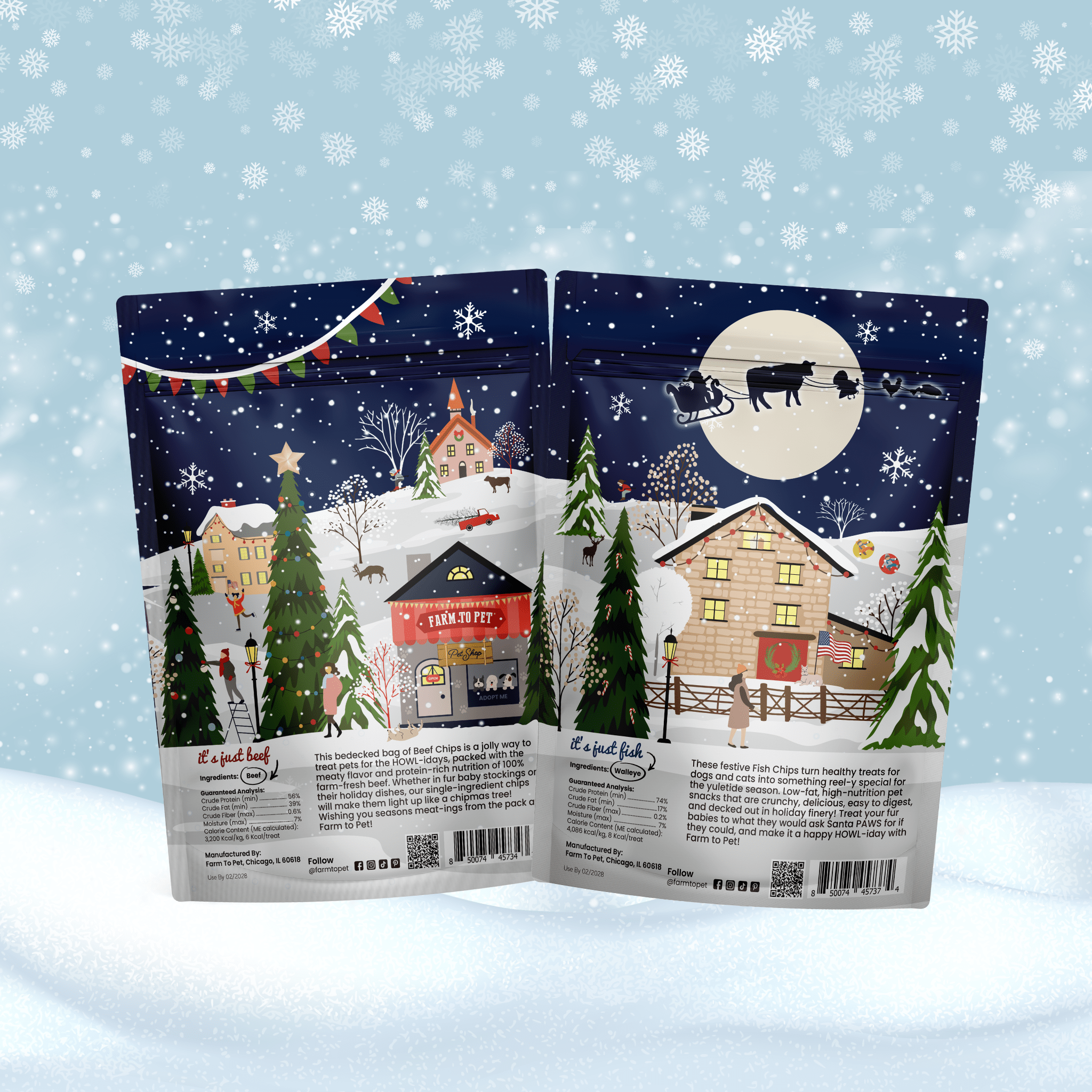 Two Christmas-themed snack bags open to reveal festive illustrations on a snowy background.
