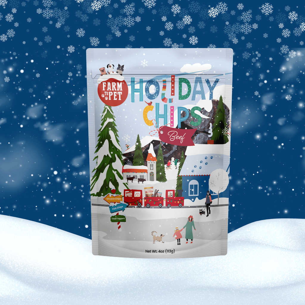 Package of 'Farm to Pet Holiday Chews' on a snowy background